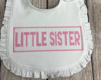 Girls Little Sister Ruffle Bib, Smocked Bib, Faux Smock Bib, Baby Shower Gift, Coming Home Gift, Sibling Gift