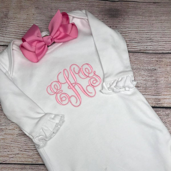 Monogram Baby Girl gown set, Infant gown bib burp cloth set, baby gown, personalized burp cloth, bib, ruffle gown, going home gown, day gown