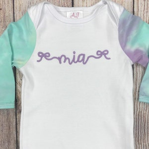 Monogram Tie-Dye  Baby Girl gown set, Infant gown , going home gown, day gown, Personalized Baby Gown, Infant gown set with cap