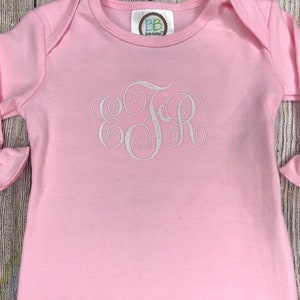 Monogram Pink Baby Girl gown set, Infant gown bib burp cloth set, baby gown, personalized burp cloth, bib, ruffle gown, going home gown