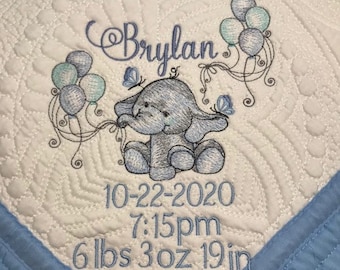 Baby Elephant Quilt, Embroidered Baby Quilt, Heirloom Quilt, Embroidered Baby Blanket, Baby Shower Gift, Birth Announcement