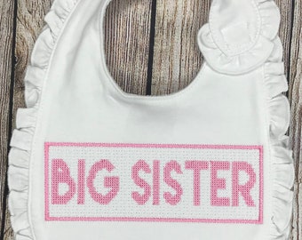 Girls Big Sister Ruffle Bib, Smocked Bib, Faux Smock Bib, Baby Shower Gift, Coming Home Gift, Sibling Gift