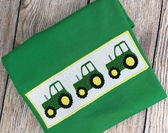 Boys Tractor Shirt, Tractor shirt,  Faux Smock Shirt, Faux Smock Tractor Shirt, Boys Green Shirt , Personalized Shirt