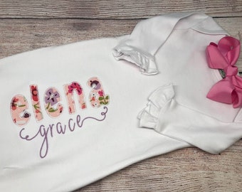 Personalized Baby girl gown, newborn baby girl gown, baby gift, going home outfit, baby shower gift