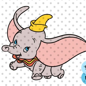 Puede incluir: Una ilustración de dibujos animados de Dumbo el elefante, un personaje de la película animada de Disney Dumbo. Dumbo está representado con grandes orejas rosas, un sombrero amarillo y una expresión alegre.