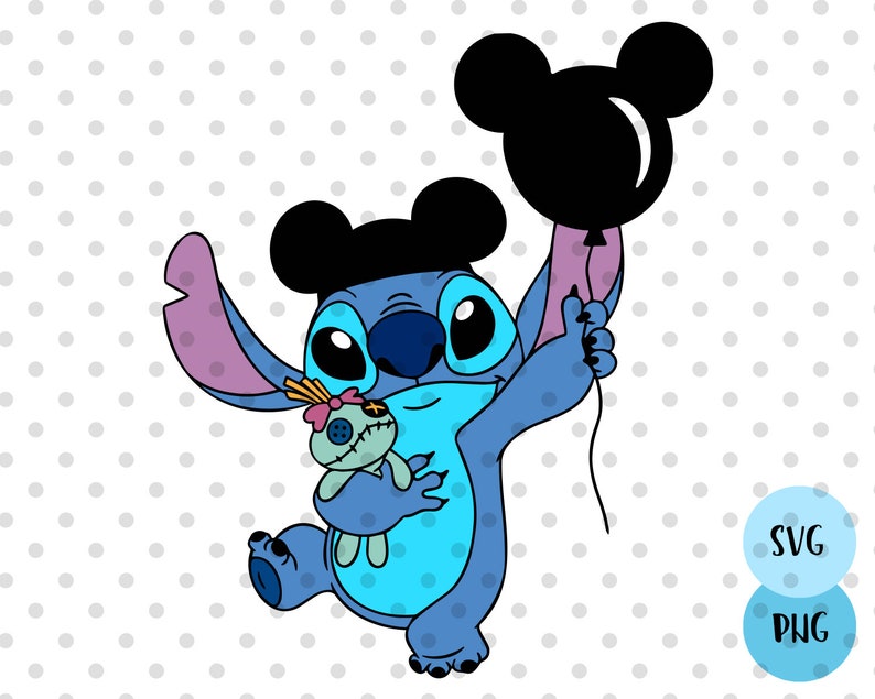 Puede incluir: Personaje azul Stitch sosteniendo un globo negro de Mickey Mouse y un peque&ntilde;o juguete de peluche azul. Stitch lleva un sombrero negro de Mickey Mouse.