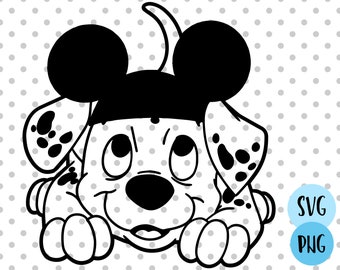 May include: Black and white illustration of a Dalmatian puppy wearing Mickey Mouse ears. The puppy is looking at the viewer with a playful expression.