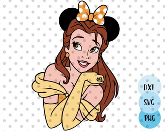 Może przedstawiać: Kreskówkowa ilustracja Belle z filmu Piękna i Bestia w żółtej sukience i czarno-czerwonej kokardce Minnie Mouse.