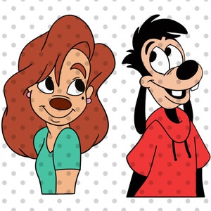 May include: A cartoon illustration of a red-haired woman with a green shirt and a brown-haired man with a red hoodie.