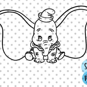 Puede incluir: Ilustración en blanco y negro de un elefante bebé de dibujos animados con orejas grandes y un sombrero. El elefante está sentado con las piernas cruzadas.