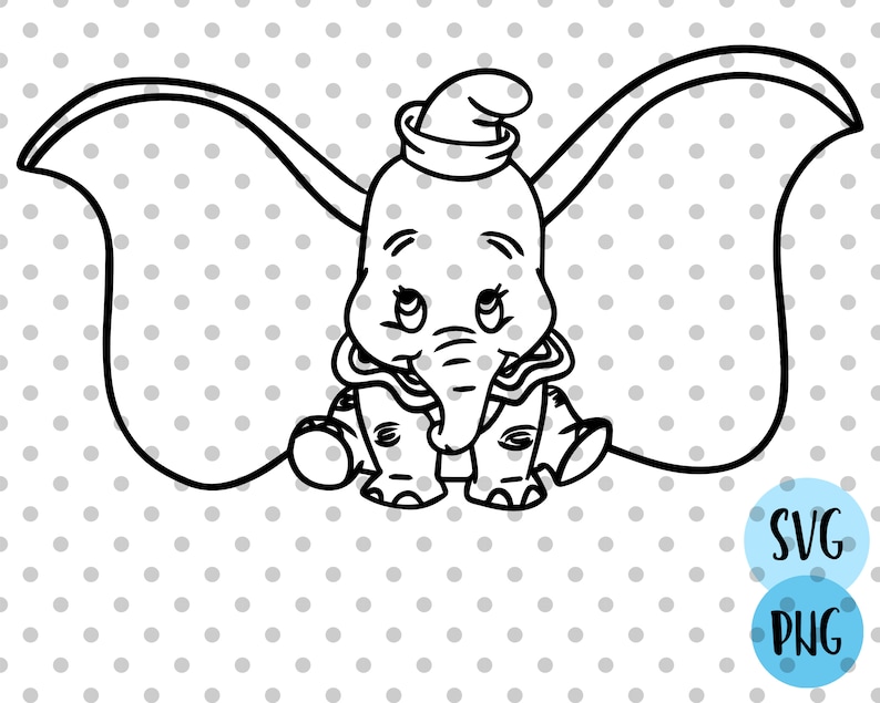 May include: Black and white line art illustration of a cartoon baby elephant with large ears and a hat. The elephant is sitting down with its legs crossed.