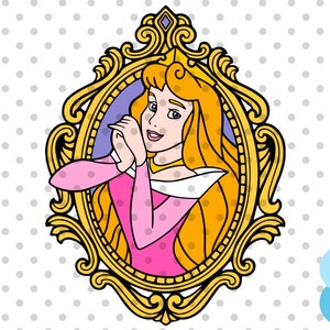 Puede incluir: Una ilustración de dibujos animados de una princesa con el pelo largo y rubio que lleva un vestido rosa y una corona dorada. Está enmarcada en un marco ovalado dorado adornado.