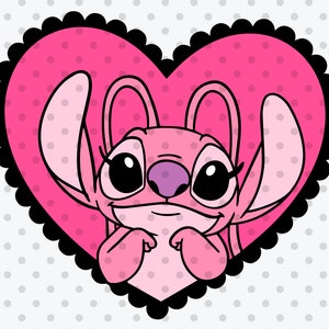 May include: Pink Stitch character with big eyes and a smile, peeking out of a black heart with pink polka dots.