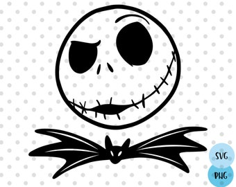 Könnte beinhalten: Schwarz-weiß-Illustration von Jack Skellington, dem Kürbis-König aus Nightmare Before Christmas, mit seinem charakteristischen genähten Lächeln und einer Fledermausflügel-Schleife.