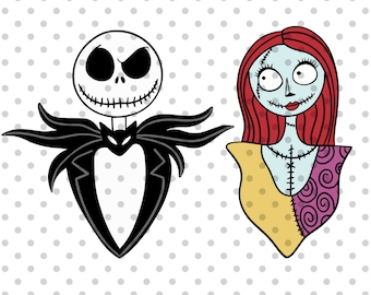 Könnte beinhalten: Schwarz-weiß-Illustration von Jack Skellington aus Nightmare Before Christmas. Er trägt einen schwarzen Anzug mit Fliege und hat ein breites, zahniges Grinsen. Neben ihm befindet sich eine farbige Illustration von Sally, Jack's Freundin. Sie hat rote Haare, blaue Haut und trägt ein gelbes und violettes Kleid.