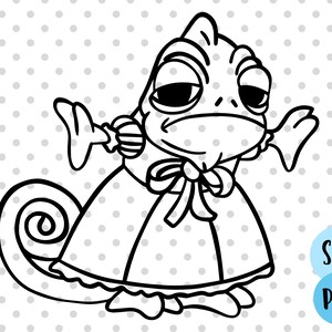 May include: Black and white line art illustration of a chameleon wearing a dress and a bow. The chameleon has a long tail and is looking to the right.