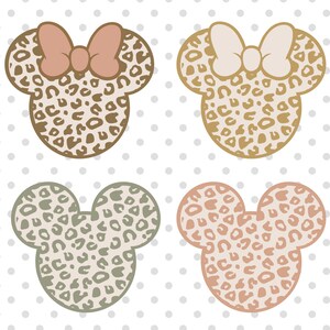 May include: Four different colored mouse ears with a leopard print design. The ears are in shades of brown, green, pink, and beige. Each pair of ears has a bow on top.