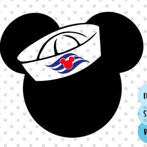 May include: Black and white silhouette of Mickey Mouse ears with a white sailor hat with a red Mickey Mouse head and blue waves on the front.