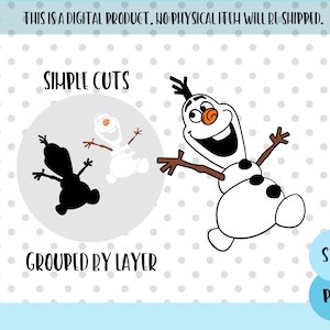 May include: A digital download of a layered SVG and PNG file featuring a cartoon Olaf from the movie Frozen. The image shows Olaf with his arms outstretched and a big smile. The text "SIMPLE CUTS" and "GROUPED BY LAYER" is included in the image.
