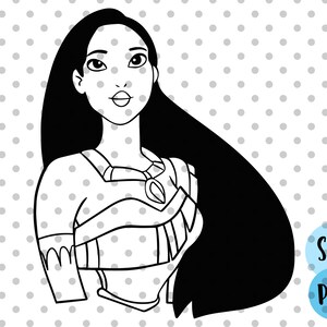May include: Black and white line art illustration of a woman with long, flowing hair. She is wearing a traditional Native American outfit with a necklace and a decorative chest piece. The image is set against a white background with a polka dot pattern.
