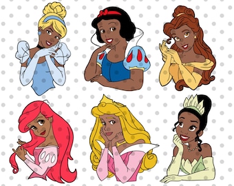 May include: A collection of six cartoon illustrations of Disney princesses. Cinderella in a blue dress, Snow White in a blue and yellow dress, Belle in a yellow dress, Ariel with red hair, Aurora in a pink dress, and Tiana in a green dress.