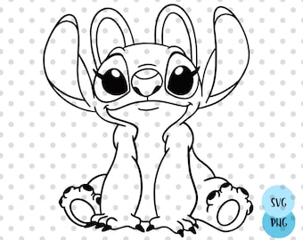 Puede incluir: Un dibujo en blanco y negro de Stitch, un personaje de dibujos animados de la película de Disney Lilo & Stitch. Stitch está sentado con los brazos cruzados y una gran sonrisa en la cara.