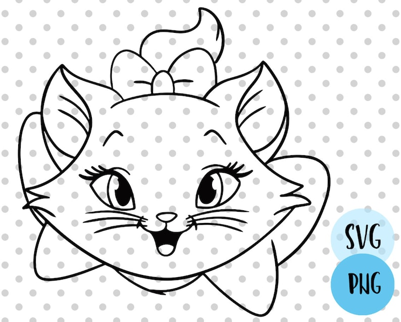 May include: Black and white line art illustration of a cat's face with a bow. The cat has large eyes, long eyelashes, and a smiling mouth. The image includes the text "SVG" and "PNG" in blue circles.
