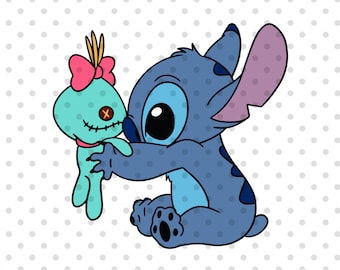 May include: A blue cartoon character with large eyes and a pink ear holds a turquoise doll with a pink bow and a stitched-on X for a mouth.