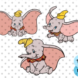 May include: Three cartoon illustrations of Dumbo the elephant, a Disney character. Each illustration features Dumbo with his large ears, a yellow hat, and a red and yellow circus outfit.