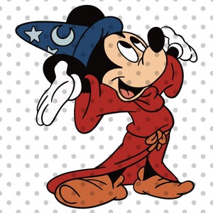 May include: A cartoon illustration of Mickey Mouse dressed as a wizard. He is wearing a blue hat with a star and crescent moon, a red robe, and orange shoes. He is smiling and holding his hand up in a magical gesture.