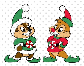 May include: Two cartoon chipmunks dressed as elves for Christmas. The chipmunk on the left is wearing a green elf suit with a candy cane. The chipmunk on the right is wearing a red elf suit with a candy cane.