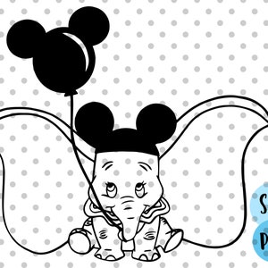 May include: Black and white line art illustration of a cartoon elephant wearing Mickey Mouse ears and holding a balloon. The elephant has large eyes and a small trunk. The balloon is shaped like a circle with two rounded ears.