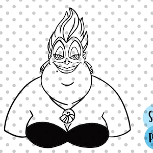 May include: Black and white line art illustration of Ursula, the sea witch from The Little Mermaid. She is wearing a black bikini top and a seashell necklace.