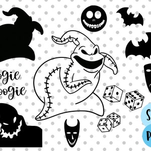May include: Black and white silhouette cut files of characters and objects from the movie The Nightmare Before Christmas. The characters include Oogie Boogie, Jack Skellington, and the Mayor. The objects include bats, dice, and a mask.