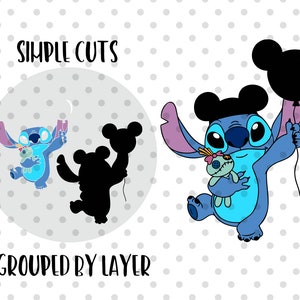Puede incluir: Un personaje azul de Stitch de Lilo & Stitch sosteniendo un juguete de peluche azul y un globo negro con orejas de Mickey Mouse. El texto "SIMPLE CUTS" y "GROUPED BY LAYER" tambi&eacute;n est&aacute; incluido en la imagen.