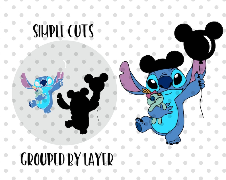 Puede incluir: Un personaje azul de Stitch de Lilo & Stitch sosteniendo un juguete de peluche azul y un globo negro con orejas de Mickey Mouse. El texto "SIMPLE CUTS" y "GROUPED BY LAYER" tambi&eacute;n est&aacute; incluido en la imagen.