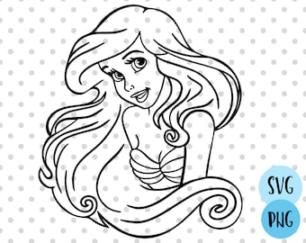May include: Black and white line art illustration of a mermaid with long flowing hair. The mermaid is wearing a seashell bra and has a whimsical expression on her face.