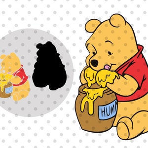 May include: A cartoon Winnie the Pooh bear wearing a red shirt is sitting and dipping his paw into a pot of honey. The pot is brown with a blue label that says "HONEY".