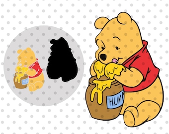 May include: A cartoon Winnie the Pooh bear wearing a red shirt is sitting and dipping his paw into a pot of honey. The pot is brown with a blue label that says "HONEY".