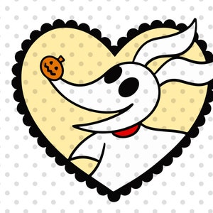 May include: A white cartoon dog with a black outline and a red collar, holding a small orange pumpkin. The dog is inside a black heart with a white polka dot background.