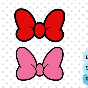 May include: Two cartoon bows, one red and one pink, with black outlines. The bows are symmetrical and have a classic bow shape. The background is white with small gray polka dots. The image also includes the text "DXF", "SVG", and "PNG".
