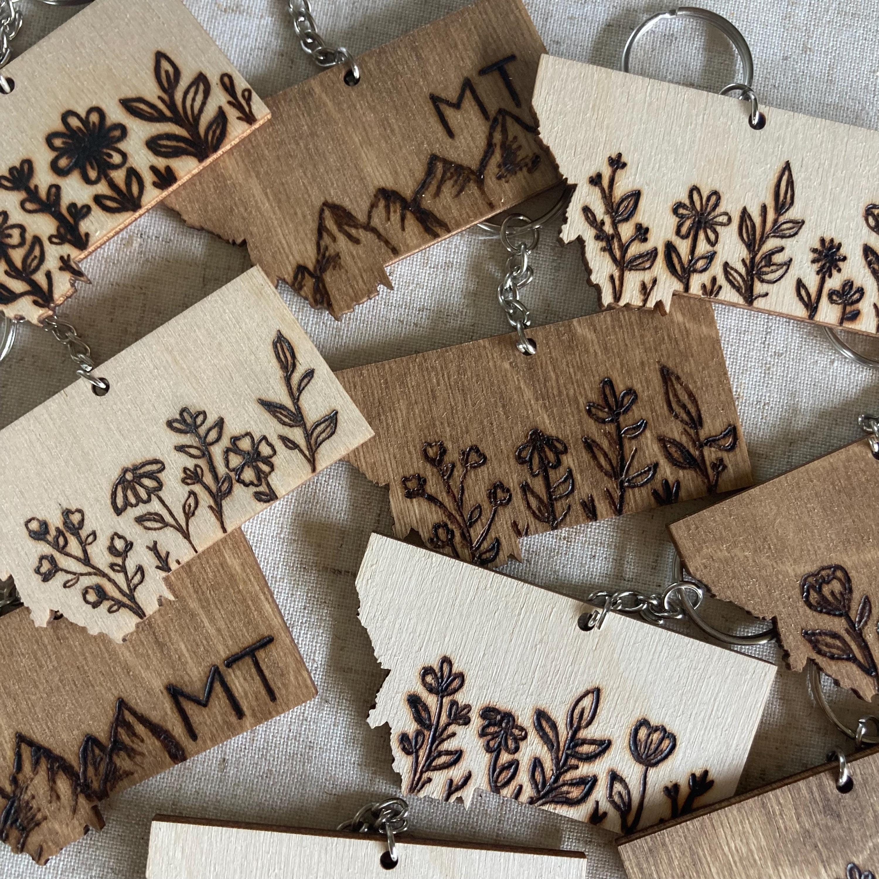 Western keychain, Montana souvenir, Custom wood burning key chain, Floral key chain, Mountain key chain, Gift for Yellowstone lover
