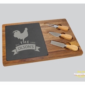 SLT087 - 17 1/2&quot; x 6&quot; Acacia Wood/Slate Serving Board with Two Tools