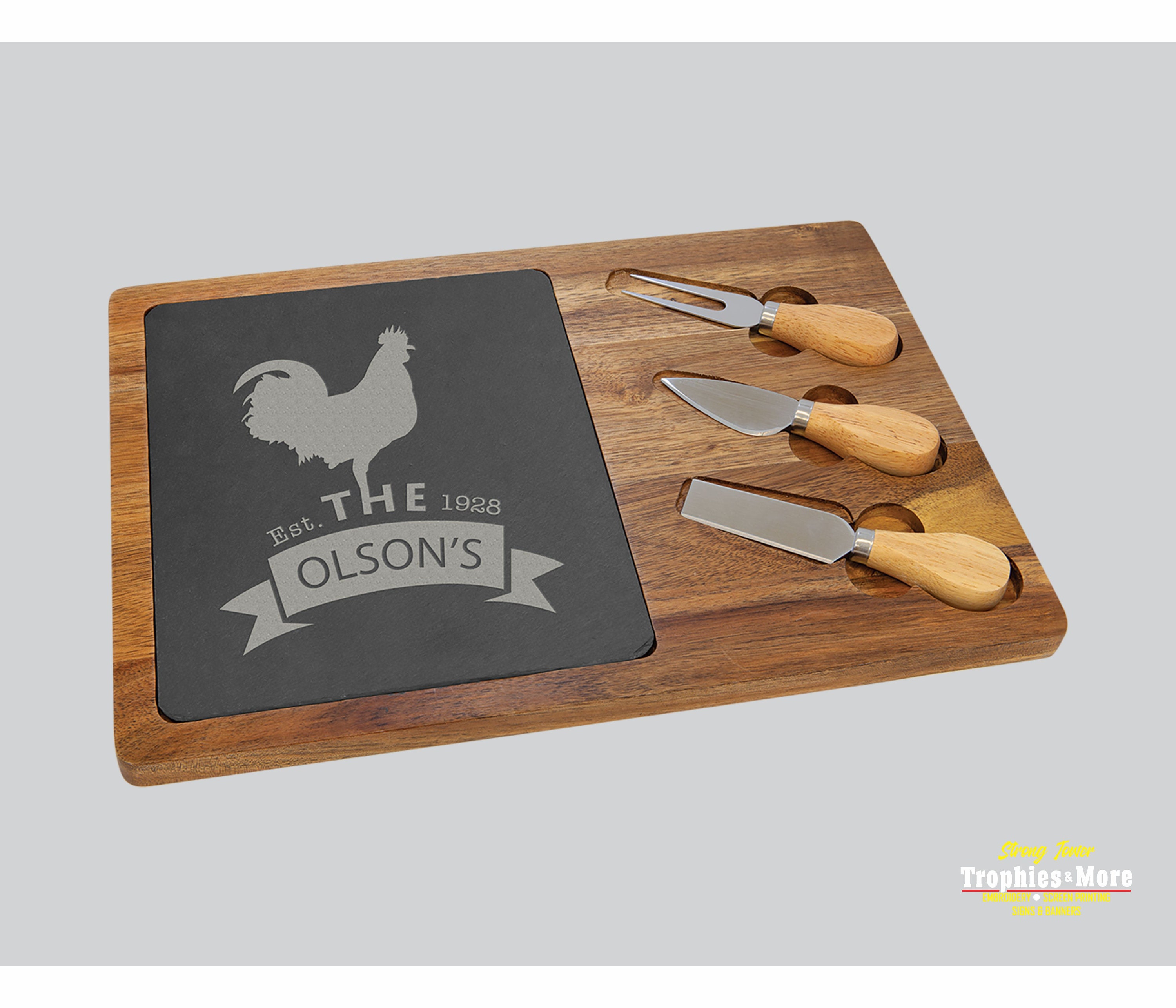 SLT087 - 17 1/2" x 6" Acacia Wood/Slate Serving Board with Two Tools