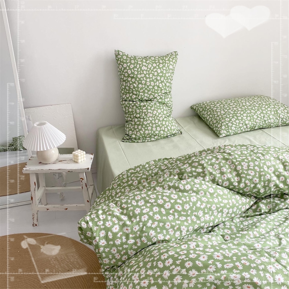 White Daisy Bedding Set Queen Comforter Set Coton Mint Green Etsy