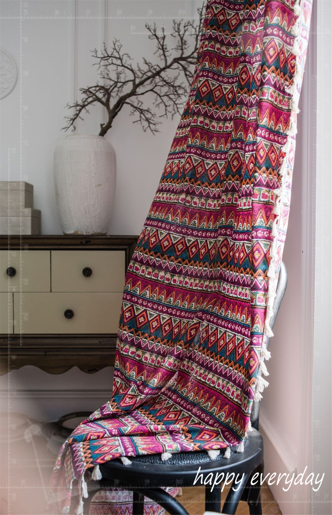 Red Bohemian Curtain Christams Living Room Curtain Window Etsy