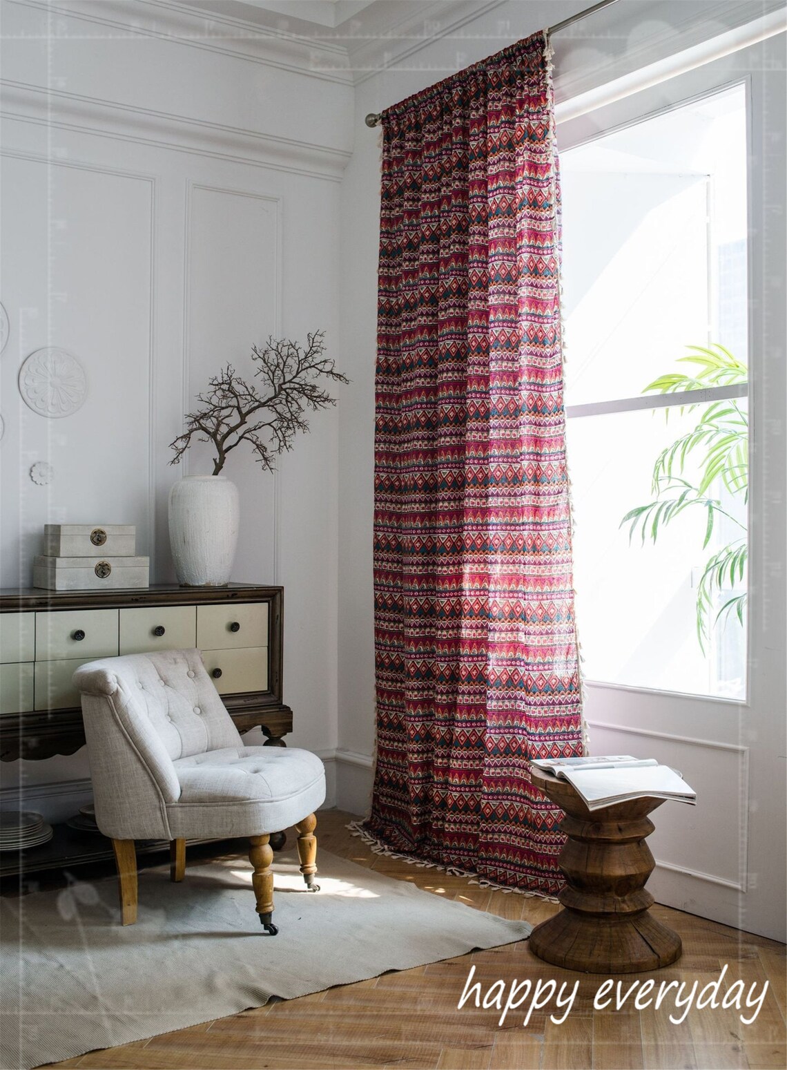 Red Bohemian Curtain Christams Living Room Curtain Window Etsy