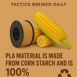 May include: A black plastic spool of light tan 3D printing filament next to two ears of yellow corn. The text reads: CAFFEINATEDGAMERS TACTICS BREWED DAILY. PLA MATERIAL IS MADE FROM CORN STARCH AND IS 100% BIODEGRADABLE with a recycling symbol.