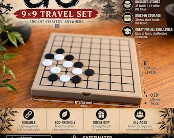 May include: A 9x9 Go travel board game set featuring a square board with a grid, 41 black stones, and 41 white stones. The board measures 8 inches in width and length, with a thickness of 0.78 inches. Text includes GO 9x9 TRAVEL SET.