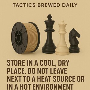 May include: A spool of tan 3D printing filament next to black and white chess pieces, including a king, queen, and knight. The text reads CAFFEINATEDGAMERS TACTICS BREWED DAILY, STORE IN A COOL, DRY PLACE, and ALWAYS WASH BY HAND WITH SOAP AND WATER.